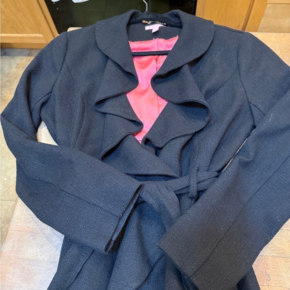 Lilly Pulitzer Ruffle Black Trench Coat with Pink Lining - Picture 14 of 16